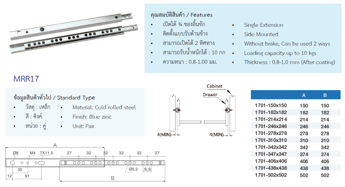 รางลิ้นชักลูกปืนรับข้างขนาด 17 มม.